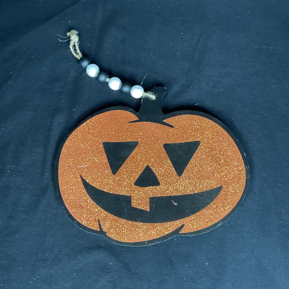 Glitter Jack-O-Lantern Pumpkin Hanging Sign Halloween Decor Wood Bead Tassel